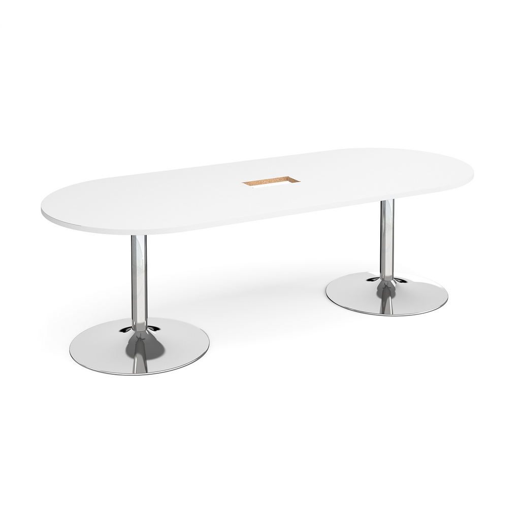 Picture of Trumpet base radial end boardroom table 2400mm x 1000mm with central cutout 272mm x 132mm - chrome base, white top