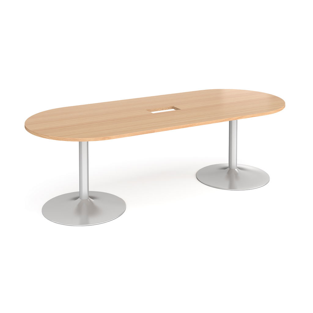 Picture of Trumpet base radial end boardroom table 2400mm x 1000mm with central cutout 272mm x 132mm - silver base, beech top