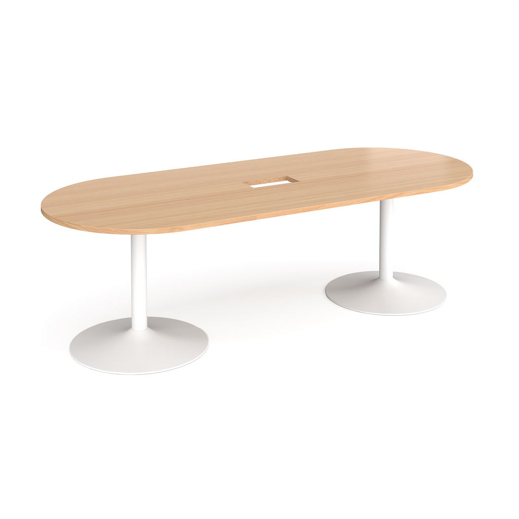 Picture of Trumpet base radial end boardroom table 2400mm x 1000mm with central cutout 272mm x 132mm - white base, beech top