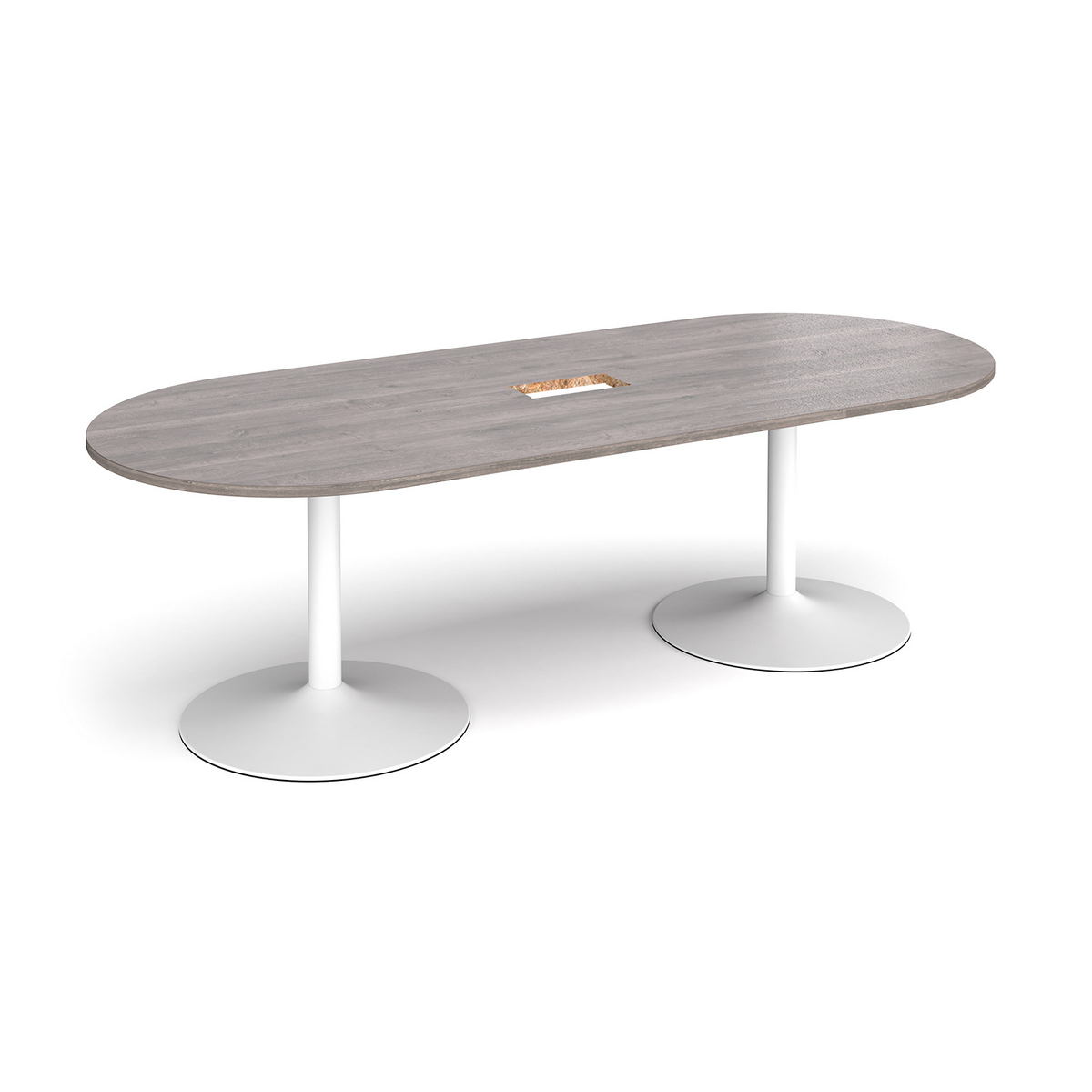 Picture of Trumpet base radial end boardroom table 2400mm x 1000mm with central cutout 272mm x 132mm - white base, grey oak top