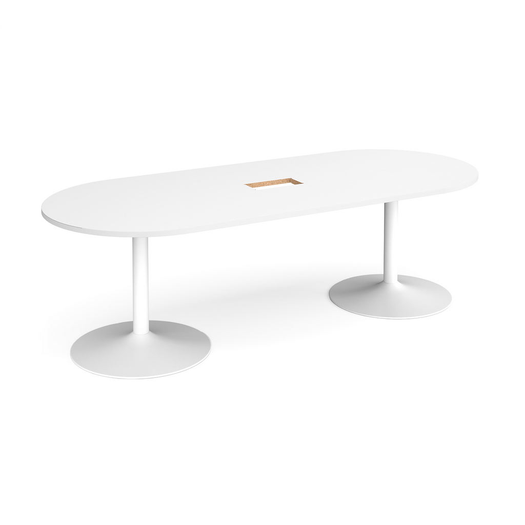 Picture of Trumpet base radial end boardroom table 2400mm x 1000mm with central cutout 272mm x 132mm - white base, white top
