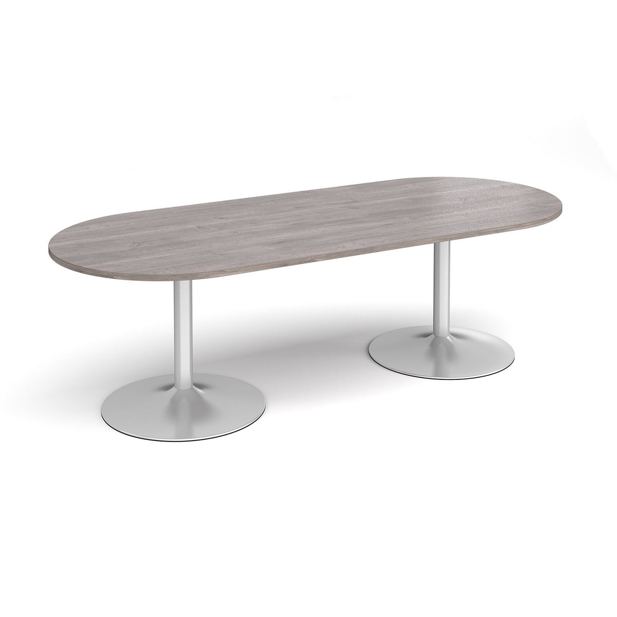 Picture of Trumpet base radial end boardroom table 2400mm x 1000mm - silver base, grey oak top