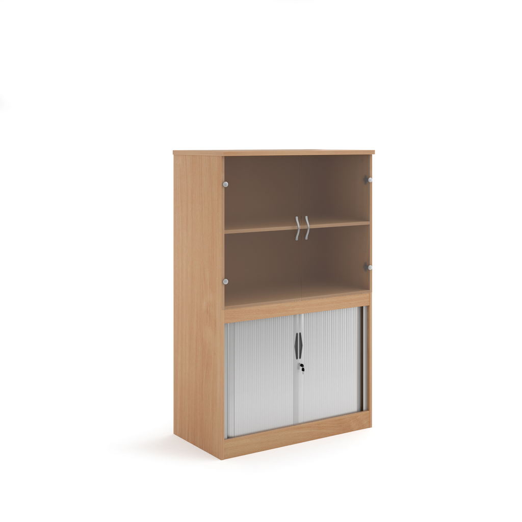Picture of Systems combination unit with tambour doors and glass upper doors 1600mm high with 2 shelves - beech