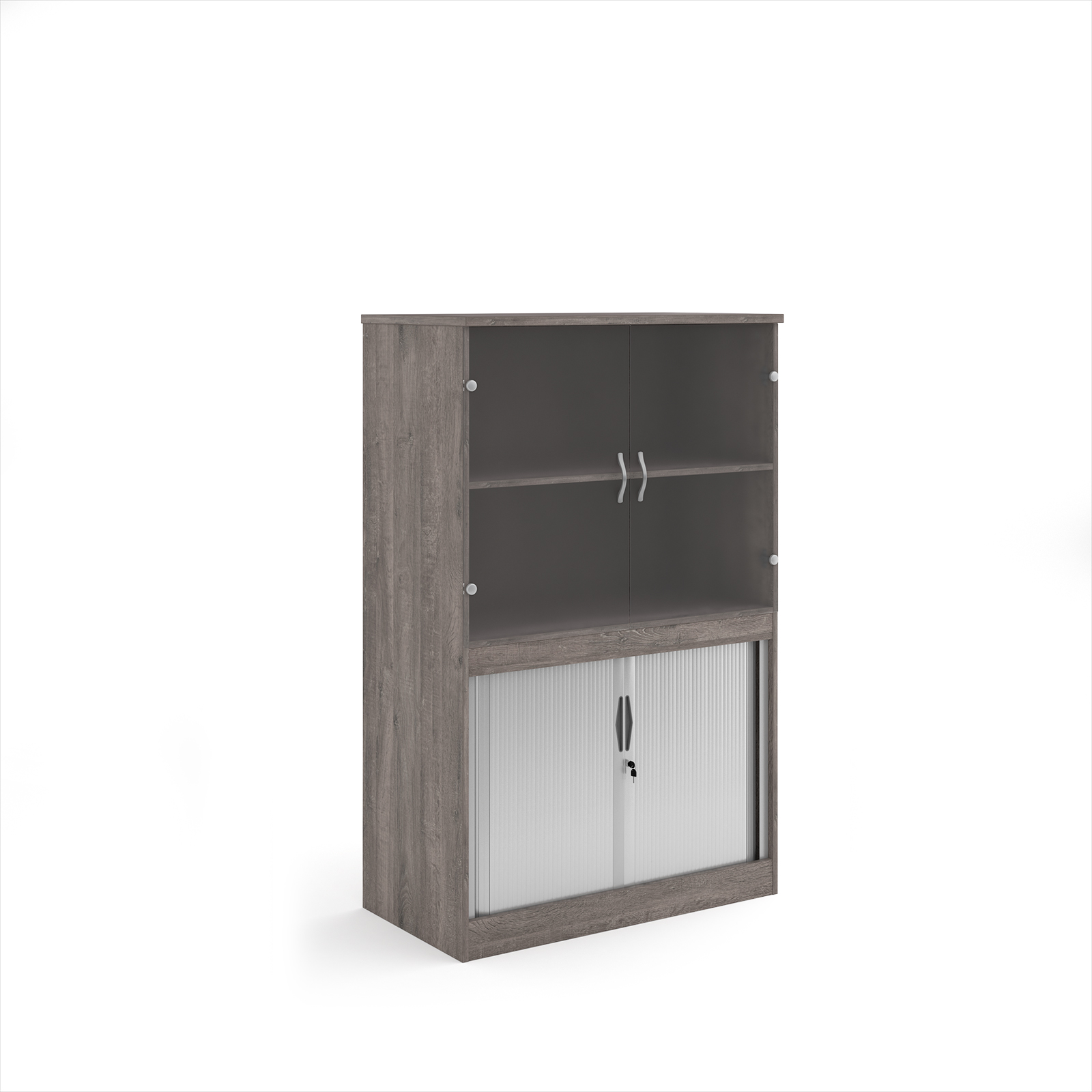 Picture of Systems combination unit with tambour doors and glass upper doors 1600mm high with 2 shelves - Grey Oak