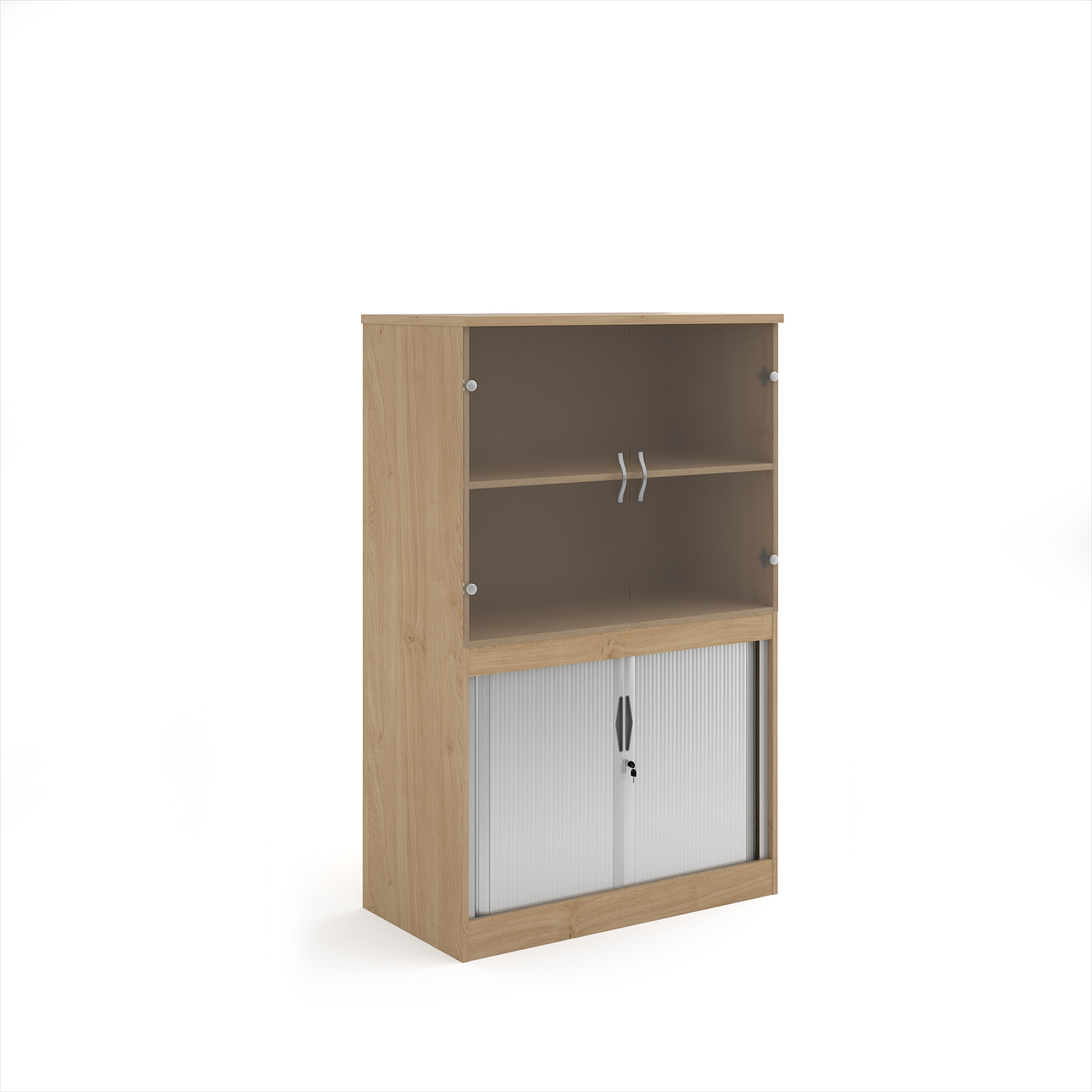 Picture of Systems combination unit with tambour doors and glass upper doors 1600mm high with 2 shelves - Kendal Oak