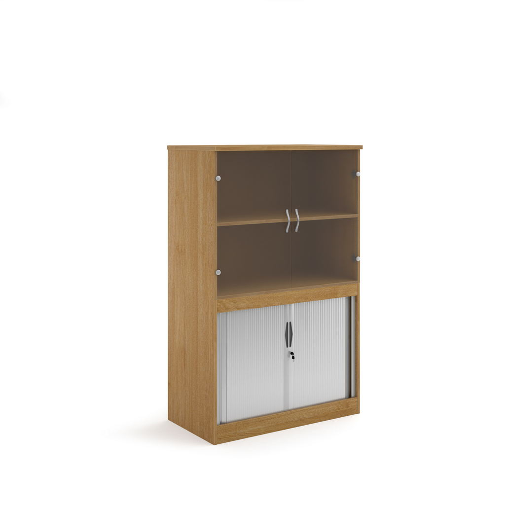 Picture of Systems combination unit with tambour doors and glass upper doors 1600mm high with 2 shelves - oak