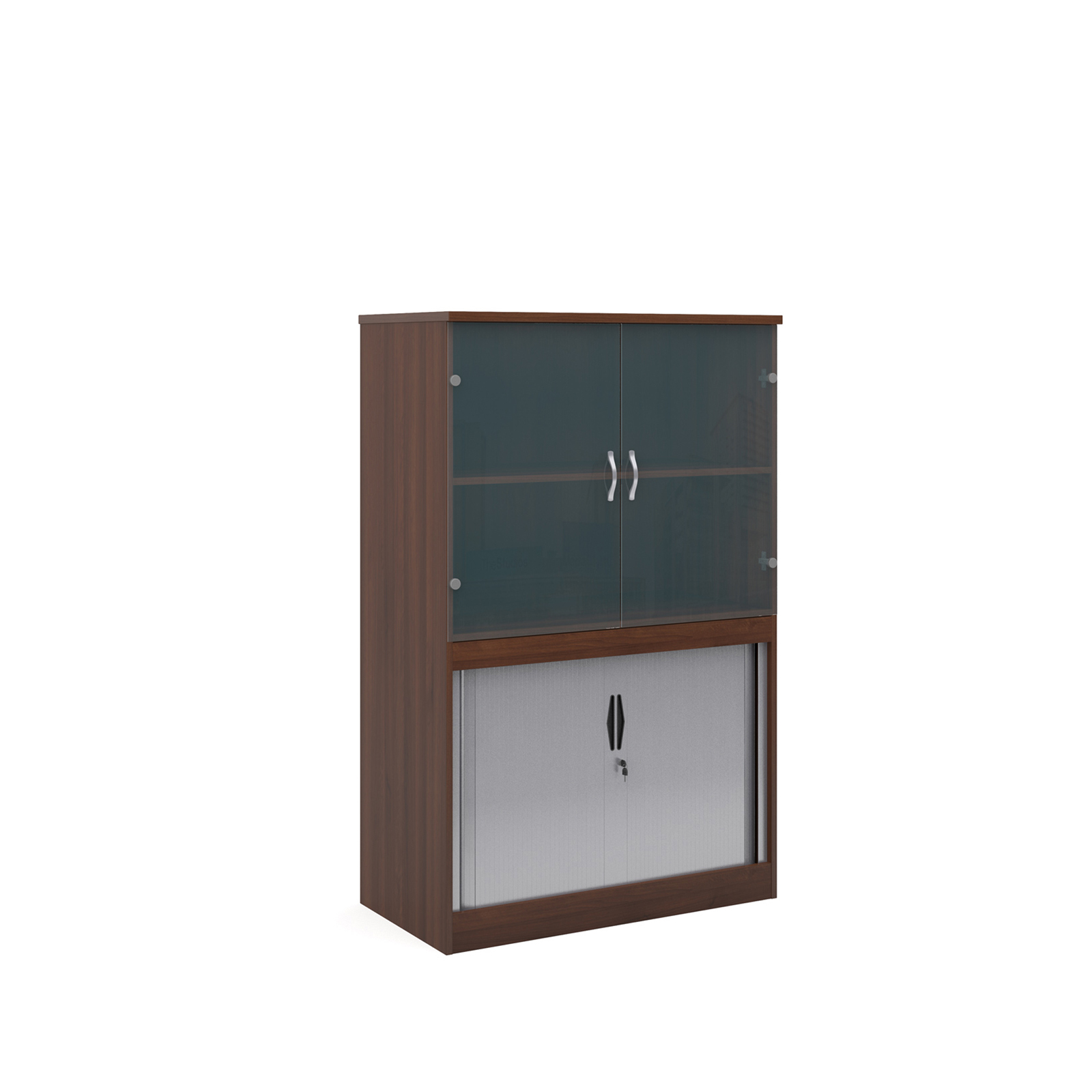 Picture of Systems combination unit with tambour doors and glass upper doors 1600mm high with 2 shelves - Walnut