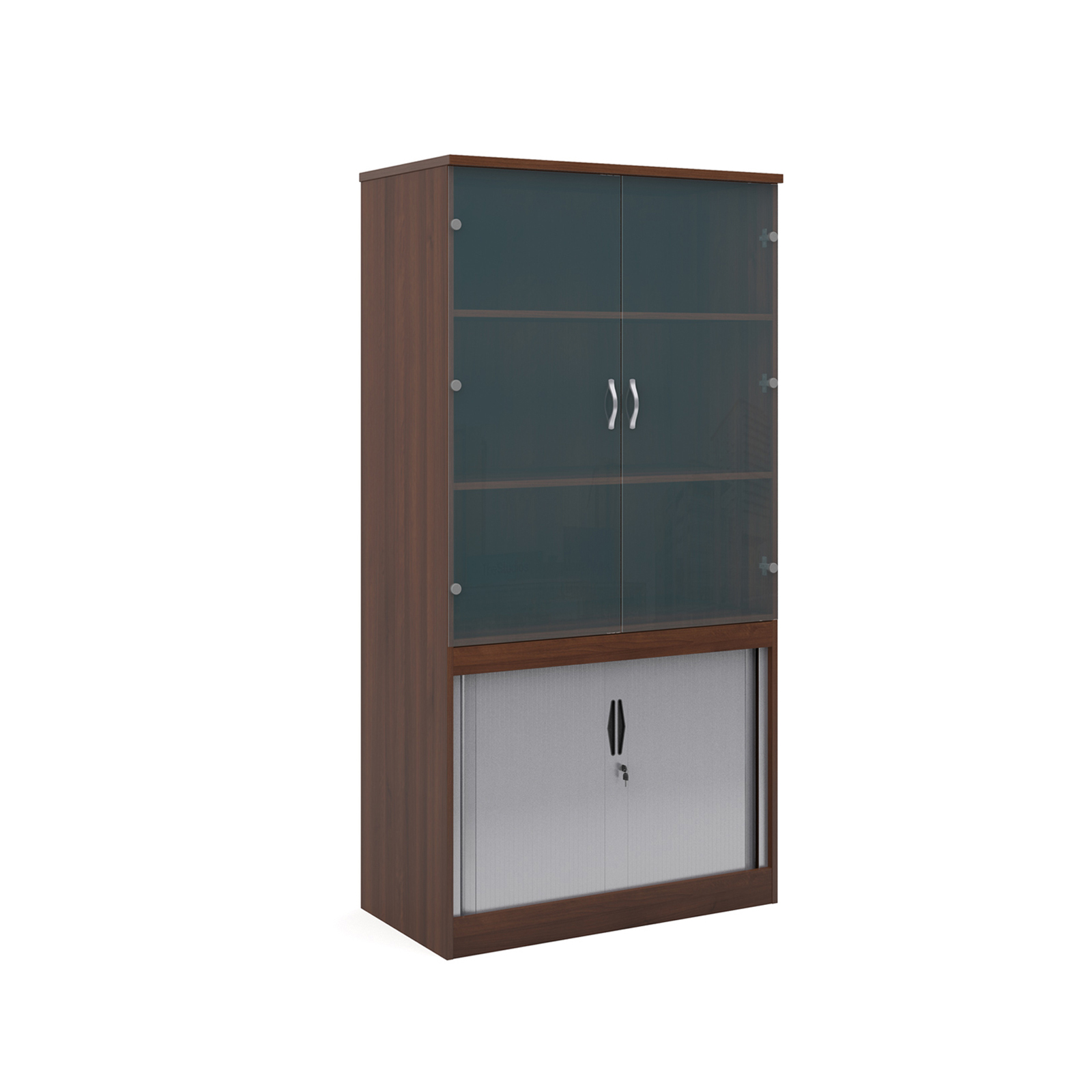 Picture of Systems combination unit with tambour doors and glass upper doors 2000mm high with 2 shelves - Walnut
