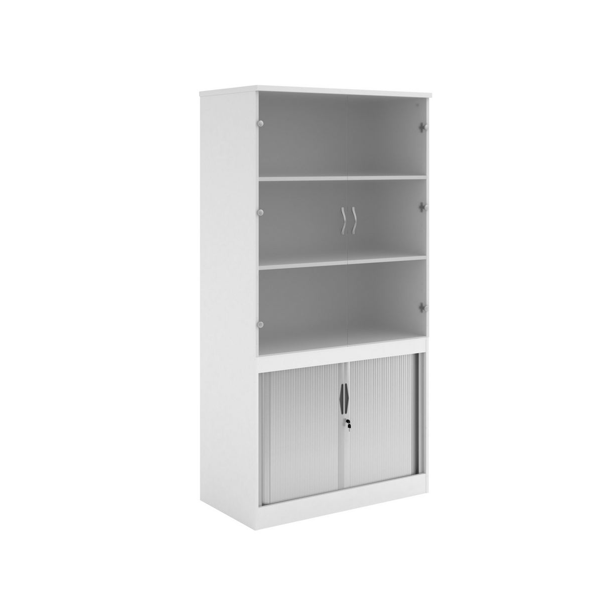 Picture of Systems combination unit with tambour doors and glass upper doors 2000mm high with 2 shelves - white