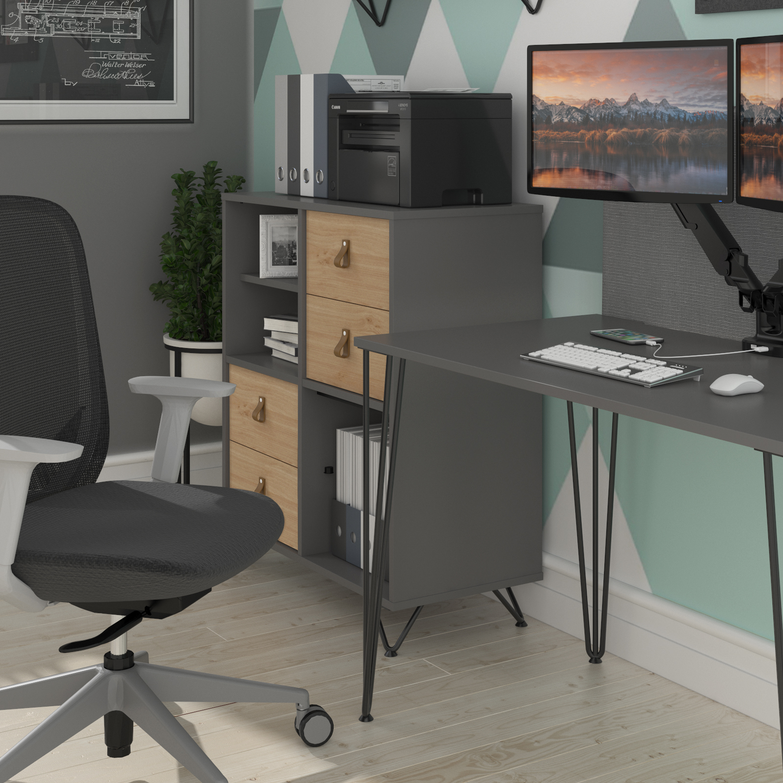 Picture of Tikal cube storage unit 950mm high with 4 open boxes and black hairpin legs - oak