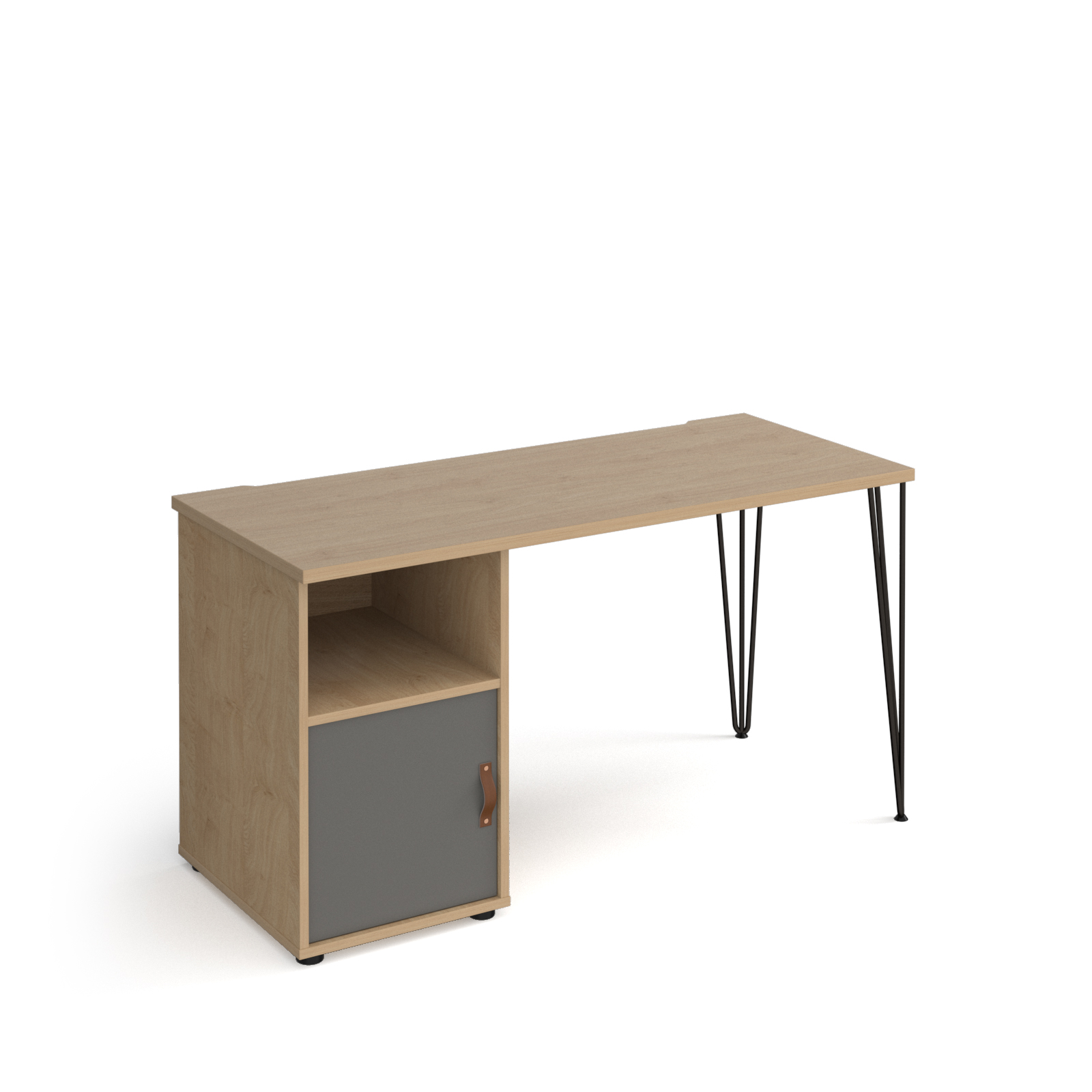 Picture of Tikal straight desk 1400mm x 600mm with hairpin leg and support pedestal with cupboard door - black legs, oak finish with grey door