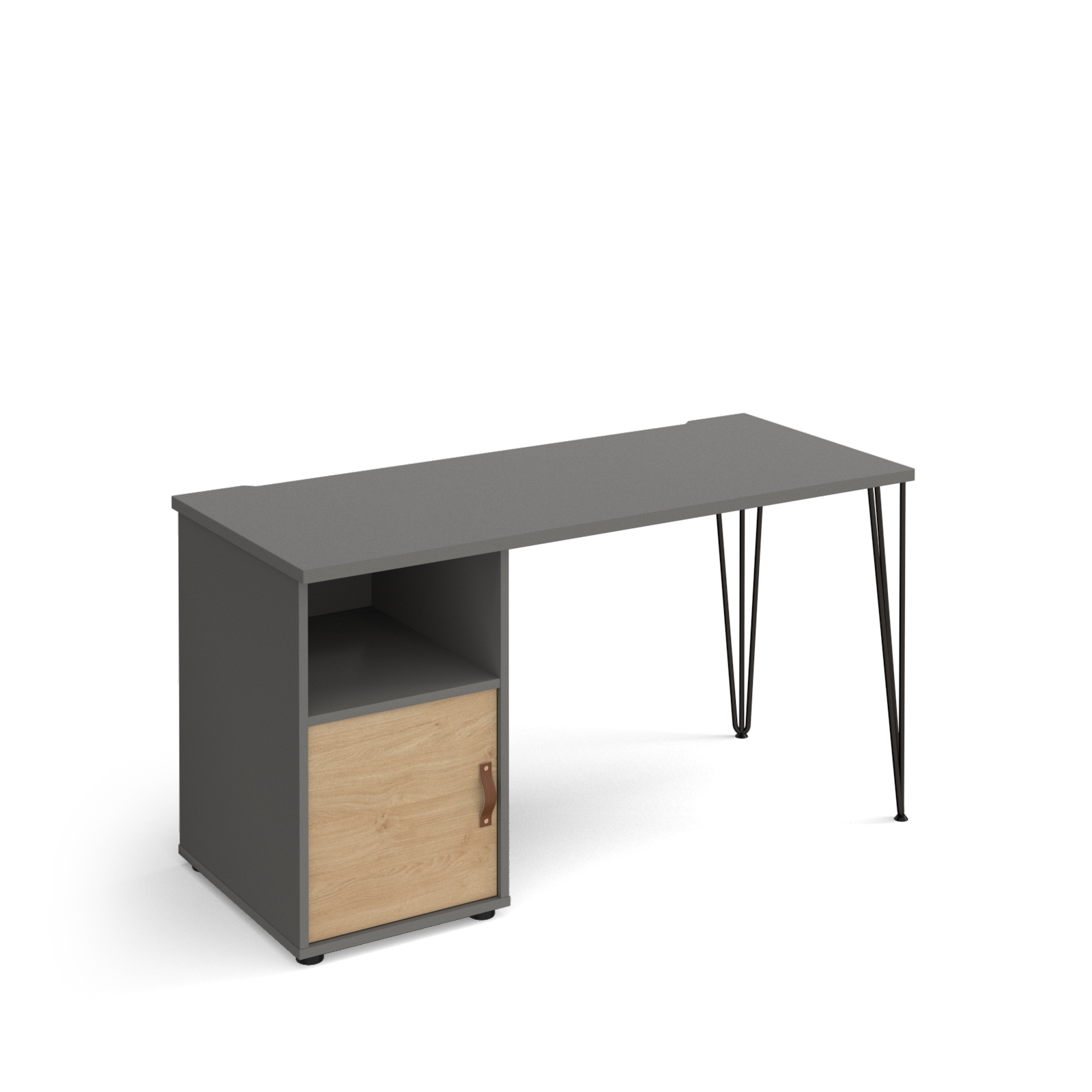 Picture of Tikal straight desk 1400mm x 600mm with hairpin leg and support pedestal with cupboard door - black legs, grey finish with oak door