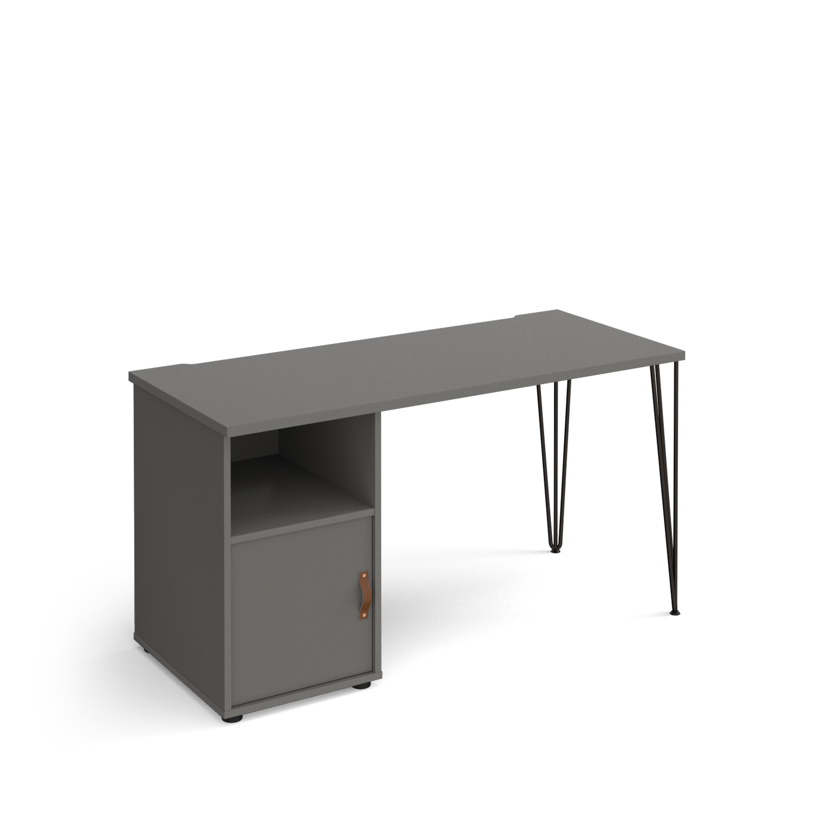 Picture of Tikal straight desk 1400mm x 600mm with hairpin leg and support pedestal with cupboard door - black legs, grey finish with grey door