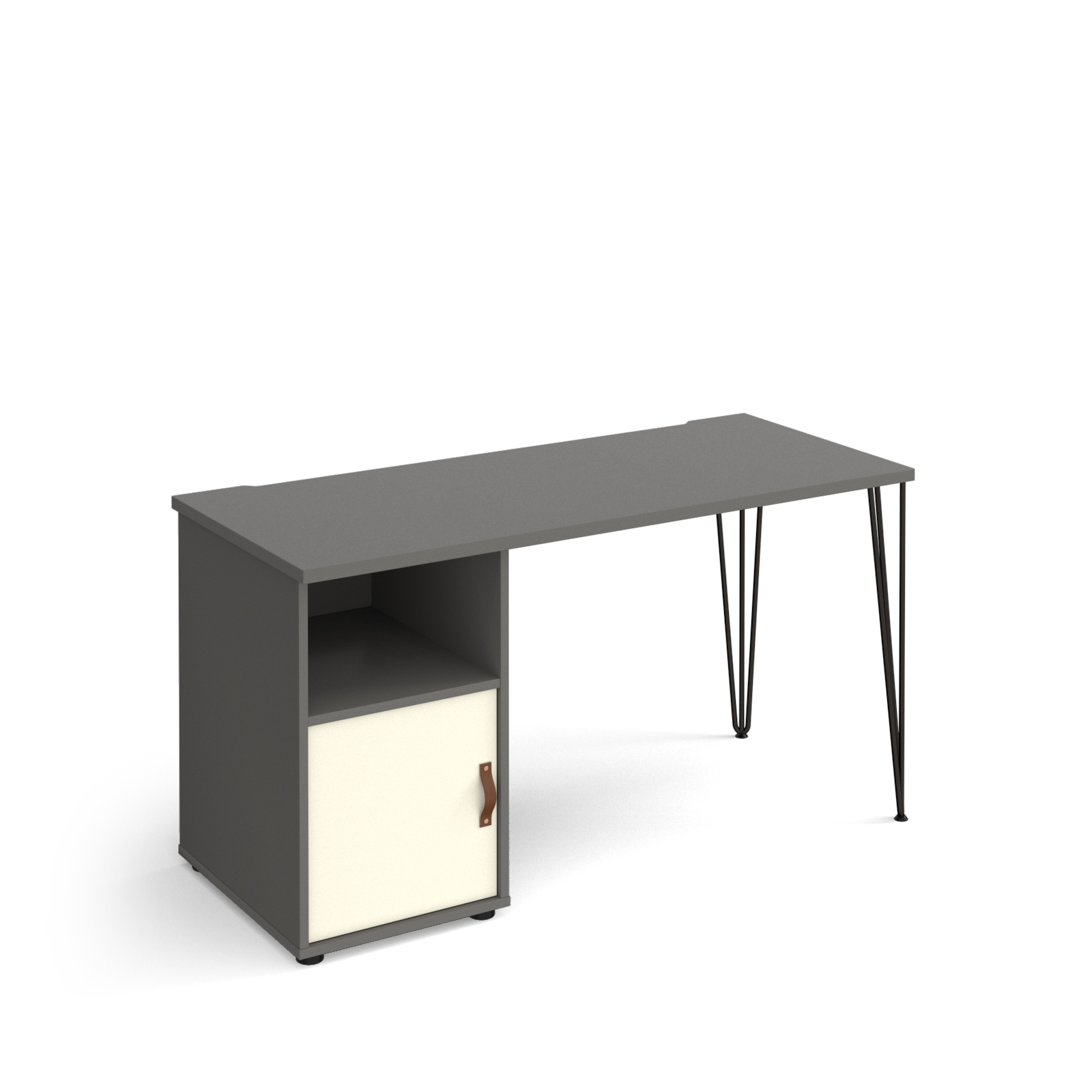 Picture of Tikal straight desk 1400mm x 600mm with hairpin leg and support pedestal with cupboard door - black legs, grey finish with white door