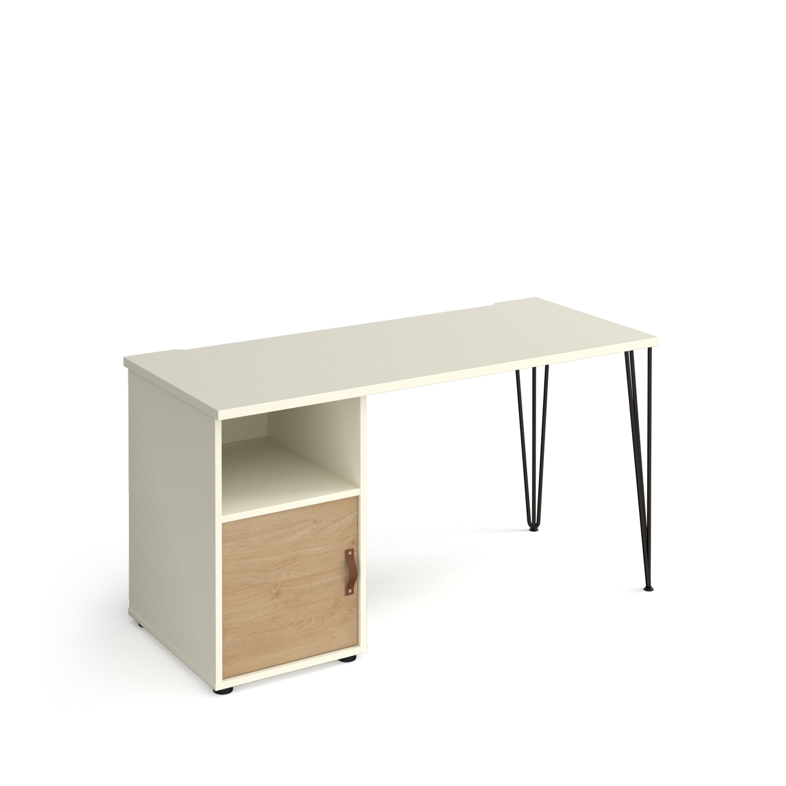 Picture of Tikal straight desk 1400mm x 600mm with hairpin leg and support pedestal with cupboard door - black legs, white finish with oak door