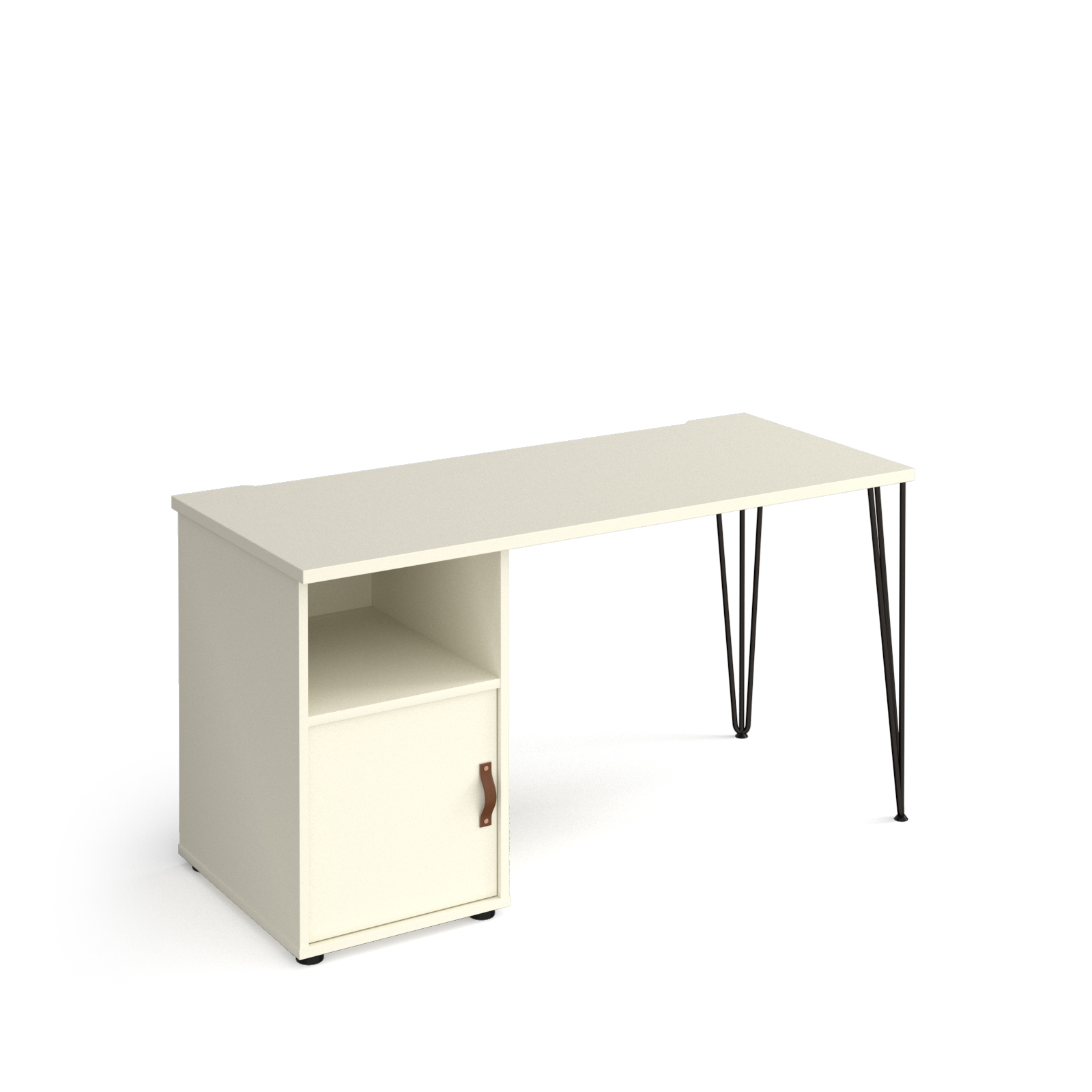 Picture of Tikal straight desk 1400mm x 600mm with hairpin leg and support pedestal with cupboard door - black legs, white finish with white door