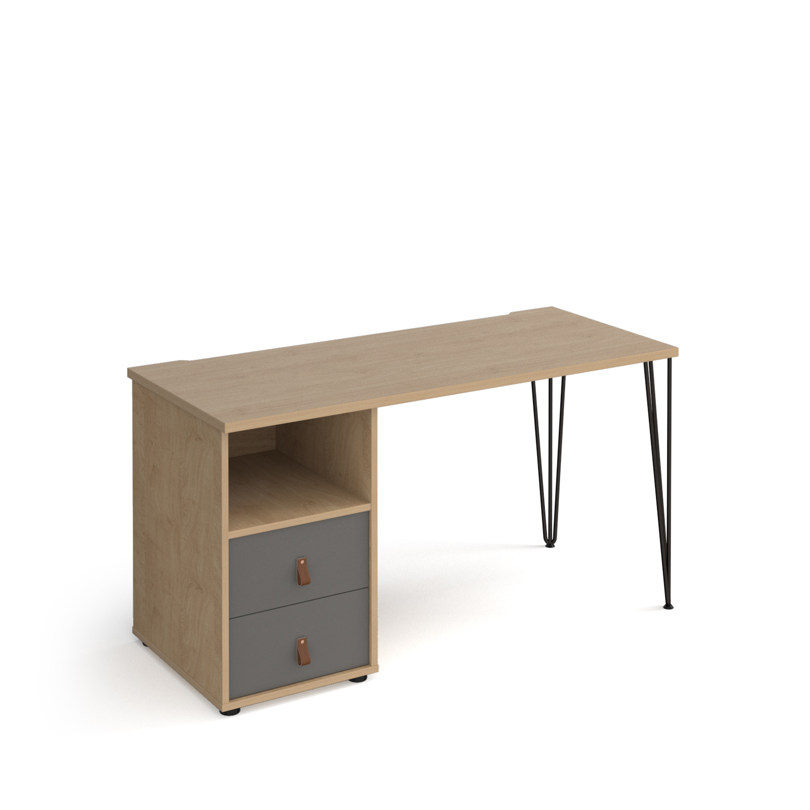 Picture of Tikal straight desk 1400mm x 600mm with hairpin leg and support pedestal with drawers - black legs, oak finish with grey drawers