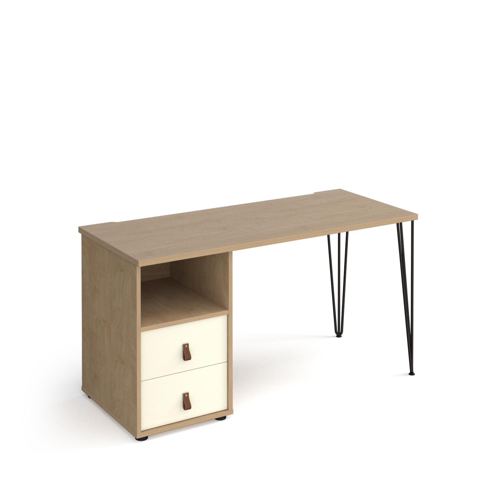 Picture of Tikal straight desk 1400mm x 600mm with hairpin leg and support pedestal with drawers - black legs, oak finish with white drawers