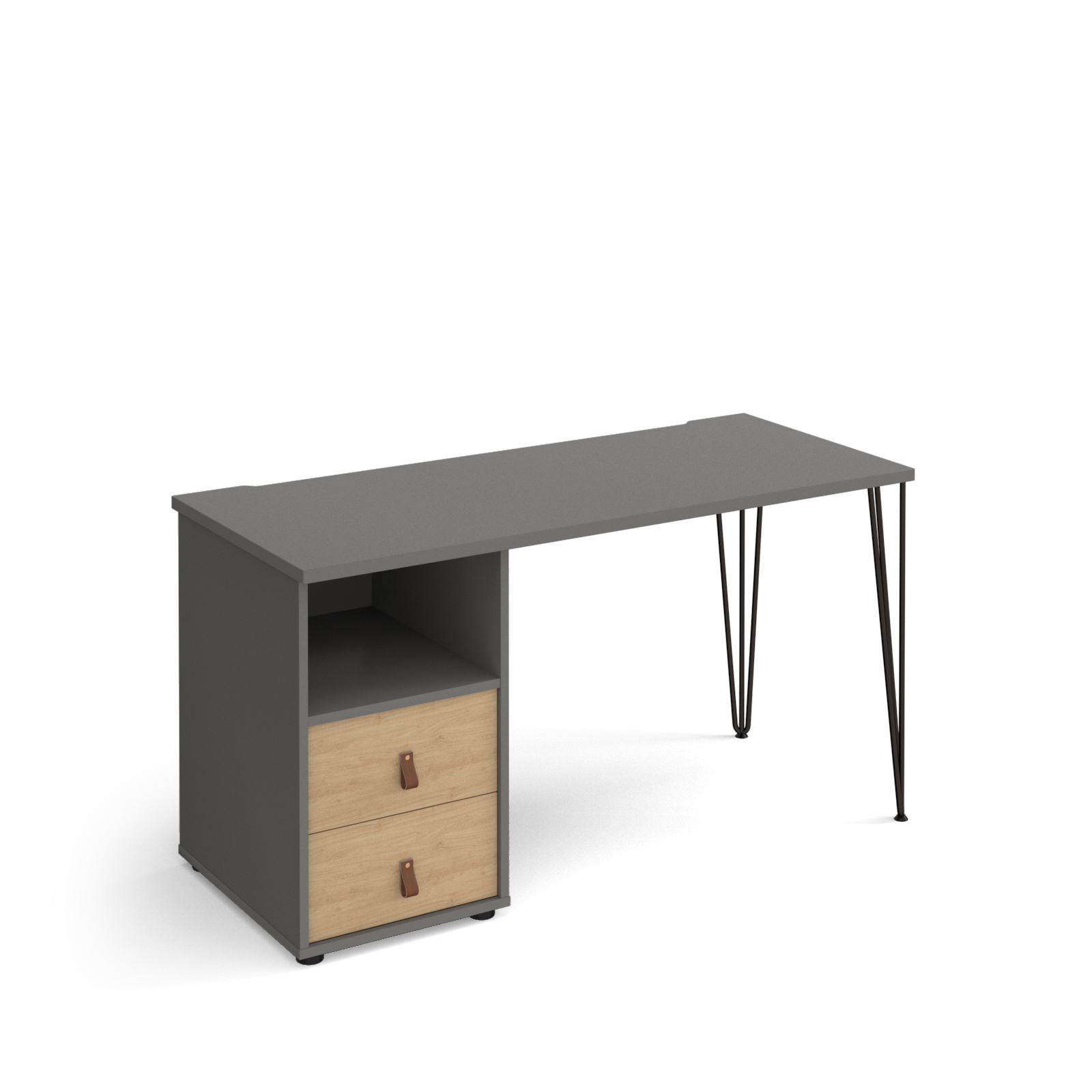 Picture of Tikal straight desk 1400mm x 600mm with hairpin leg and support pedestal with drawers - black legs, grey finish with oak drawers