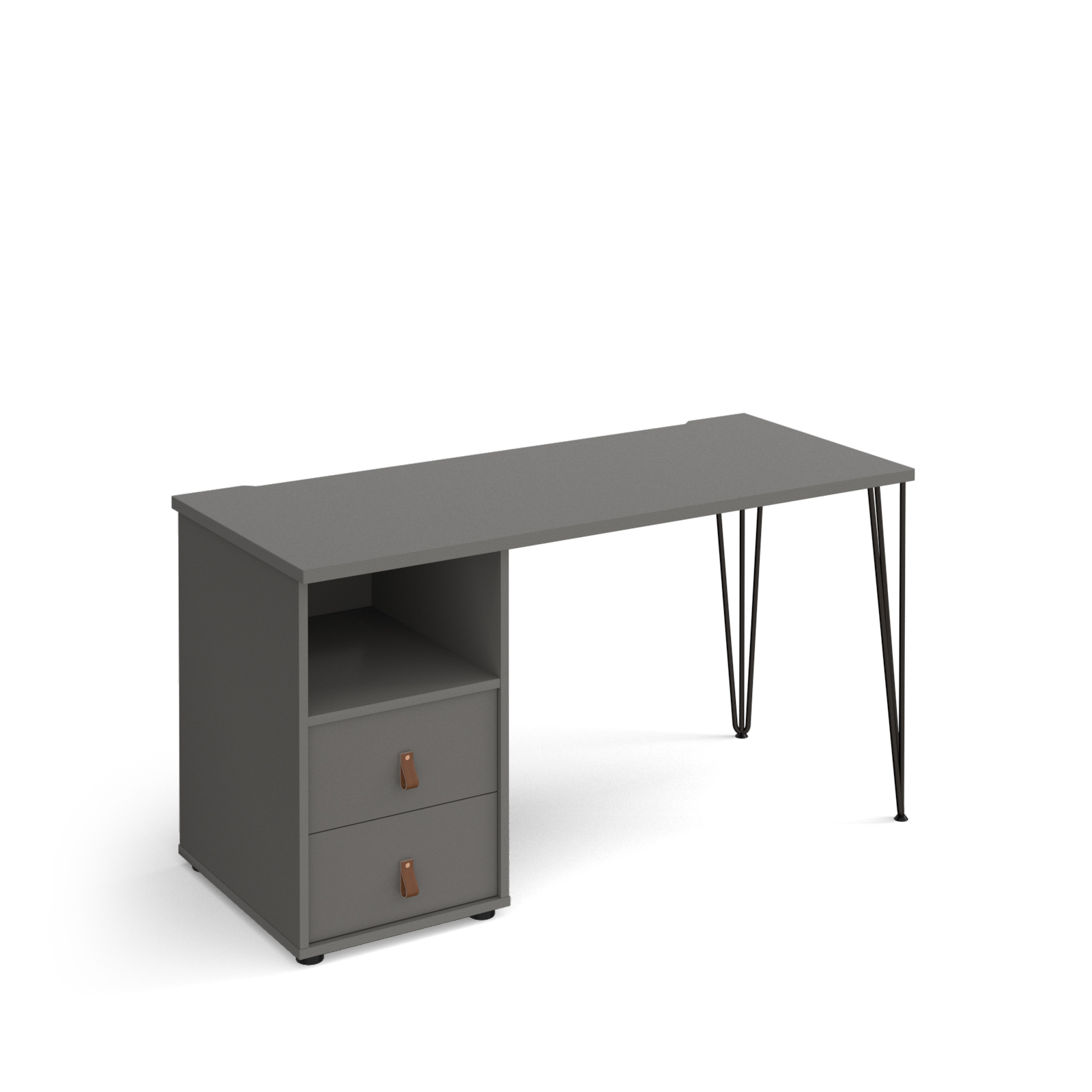 Picture of Tikal straight desk 1400mm x 600mm with hairpin leg and support pedestal with drawers - black legs, grey finish with grey drawers