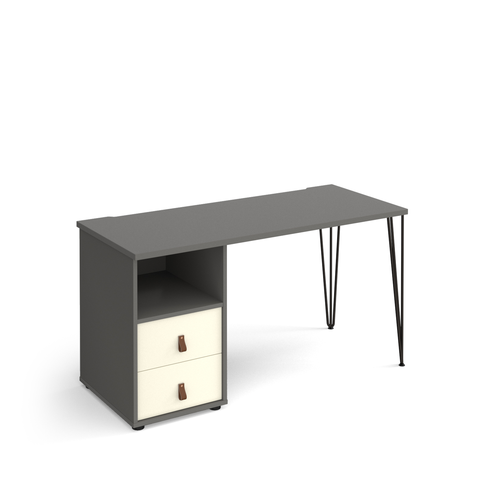 Picture of Tikal straight desk 1400mm x 600mm with hairpin leg and support pedestal with drawers - black legs, grey finish with white drawers