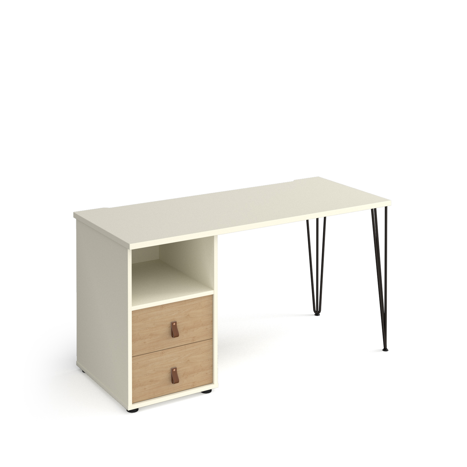 Picture of Tikal straight desk 1400mm x 600mm with hairpin leg and support pedestal with drawers - black legs, white finish with oak drawers