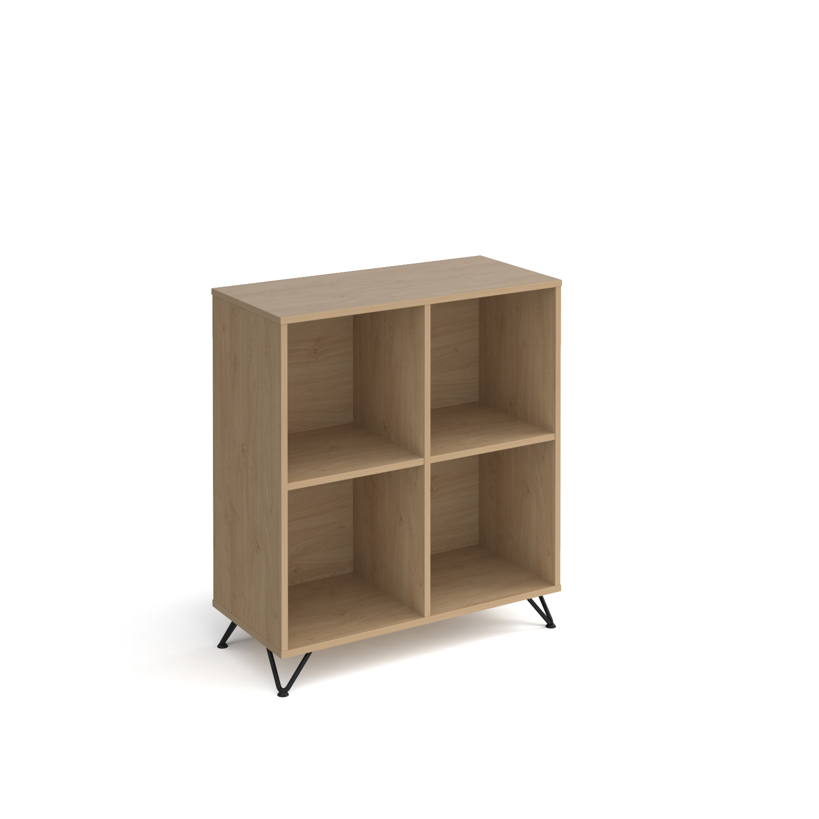 Picture of Tikal cube storage unit 950mm high with 4 open boxes and black hairpin legs - oak
