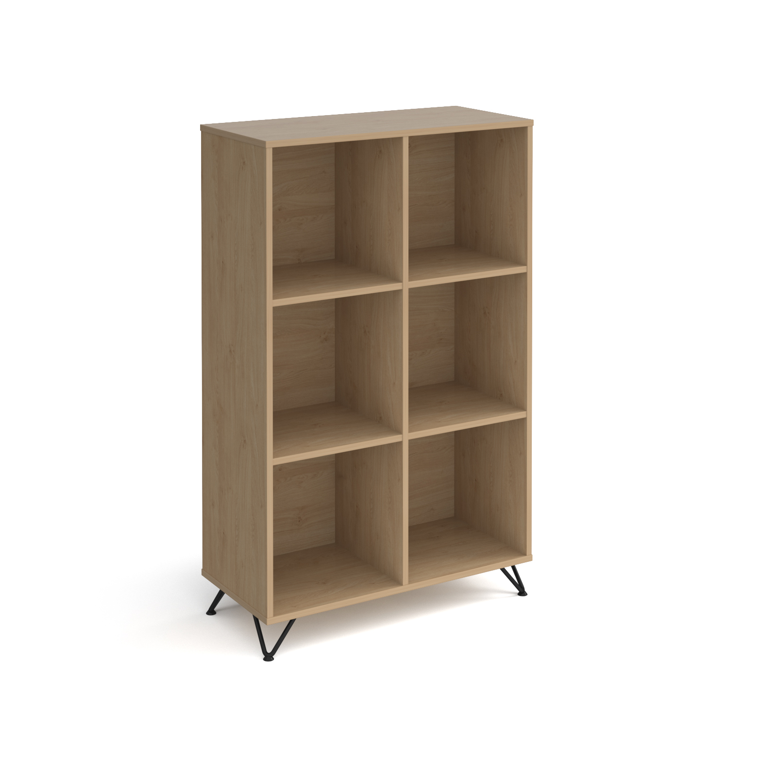 Picture of Tikal cube storage unit 1370mm high with 6 open boxes and black hairpin legs - oak