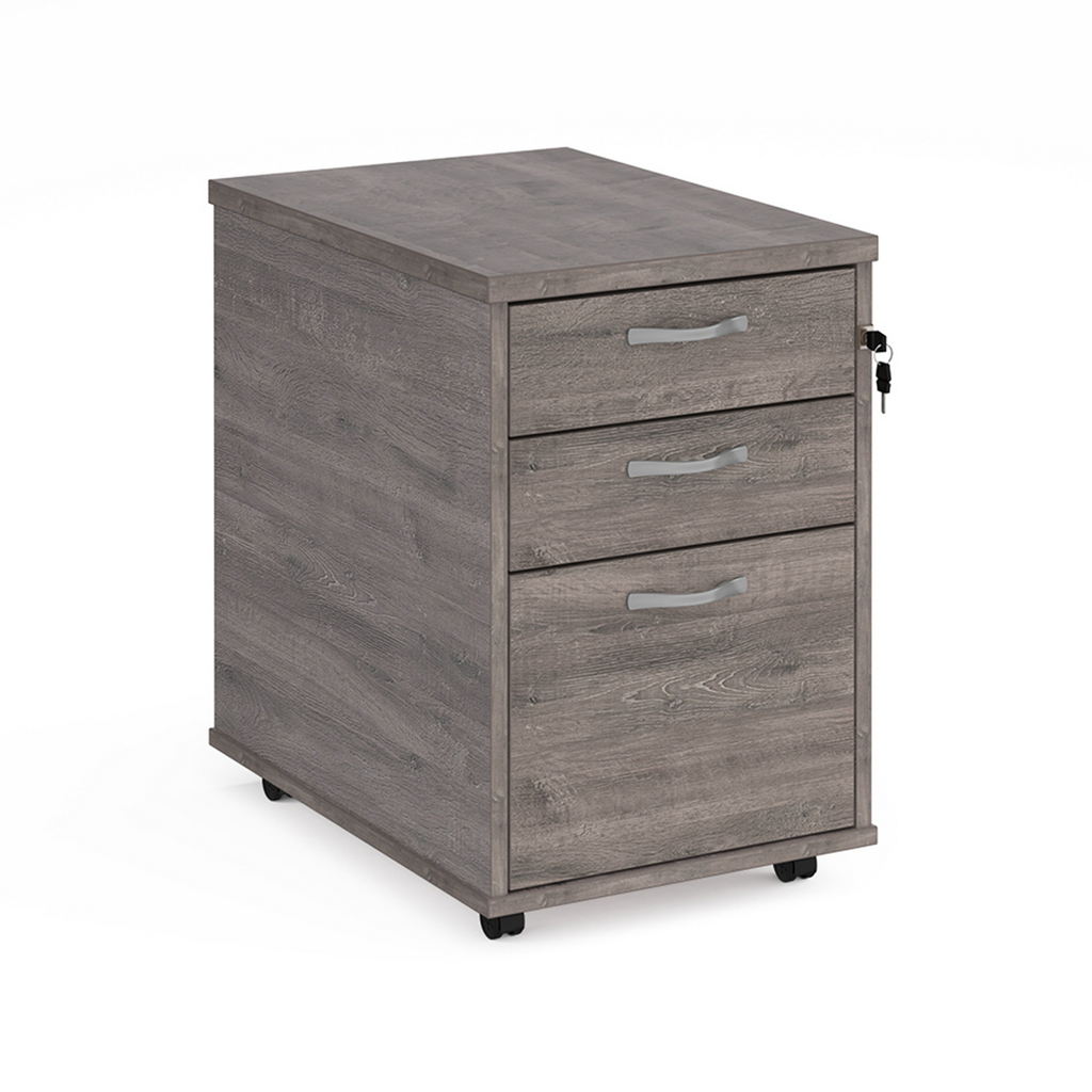 Picture of Tall mobile 3 drawer pedestal with silver handles 600mm deep - grey oak