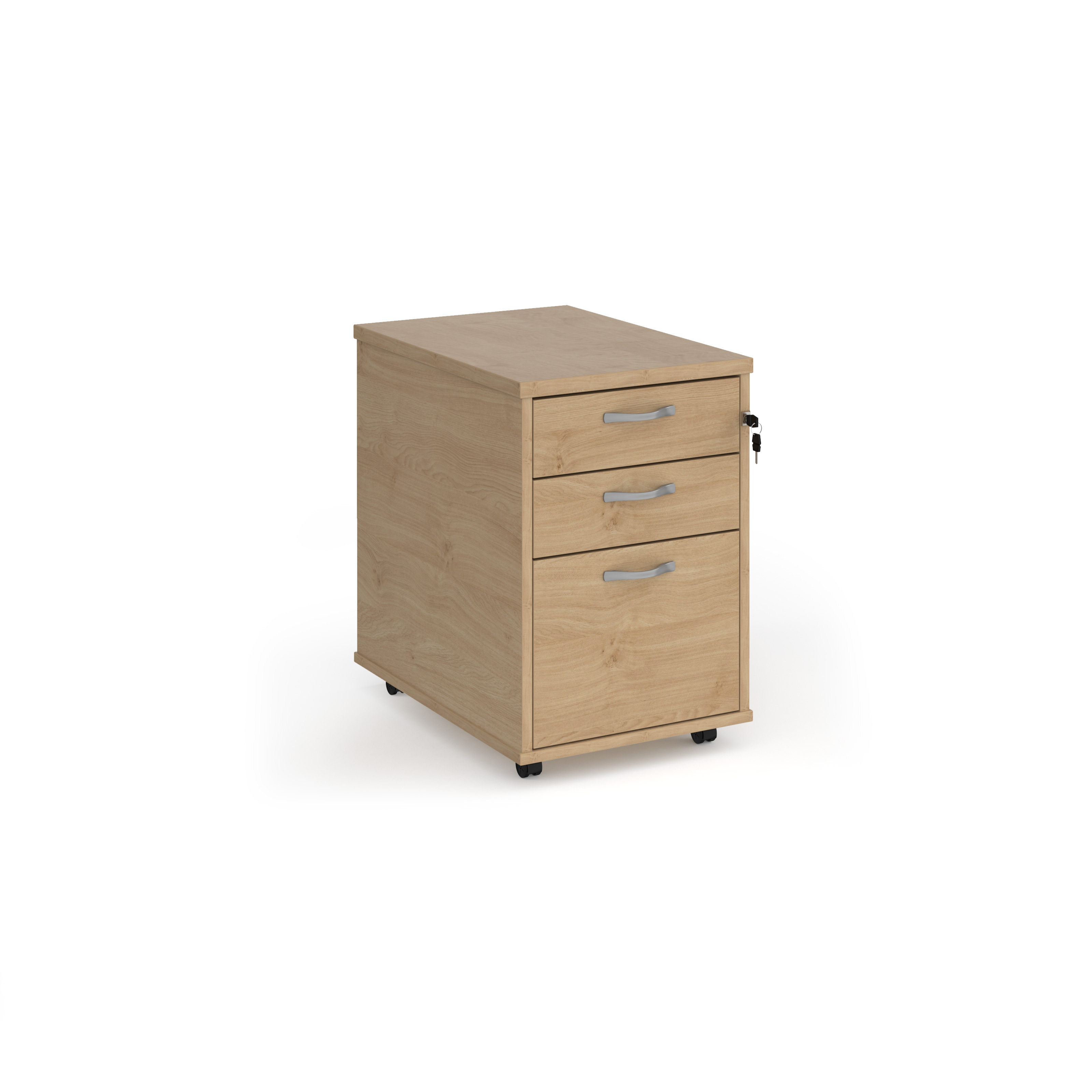 Picture of Tall mobile 3 drawer pedestal with silver handles 600mm deep - Kendal Oak