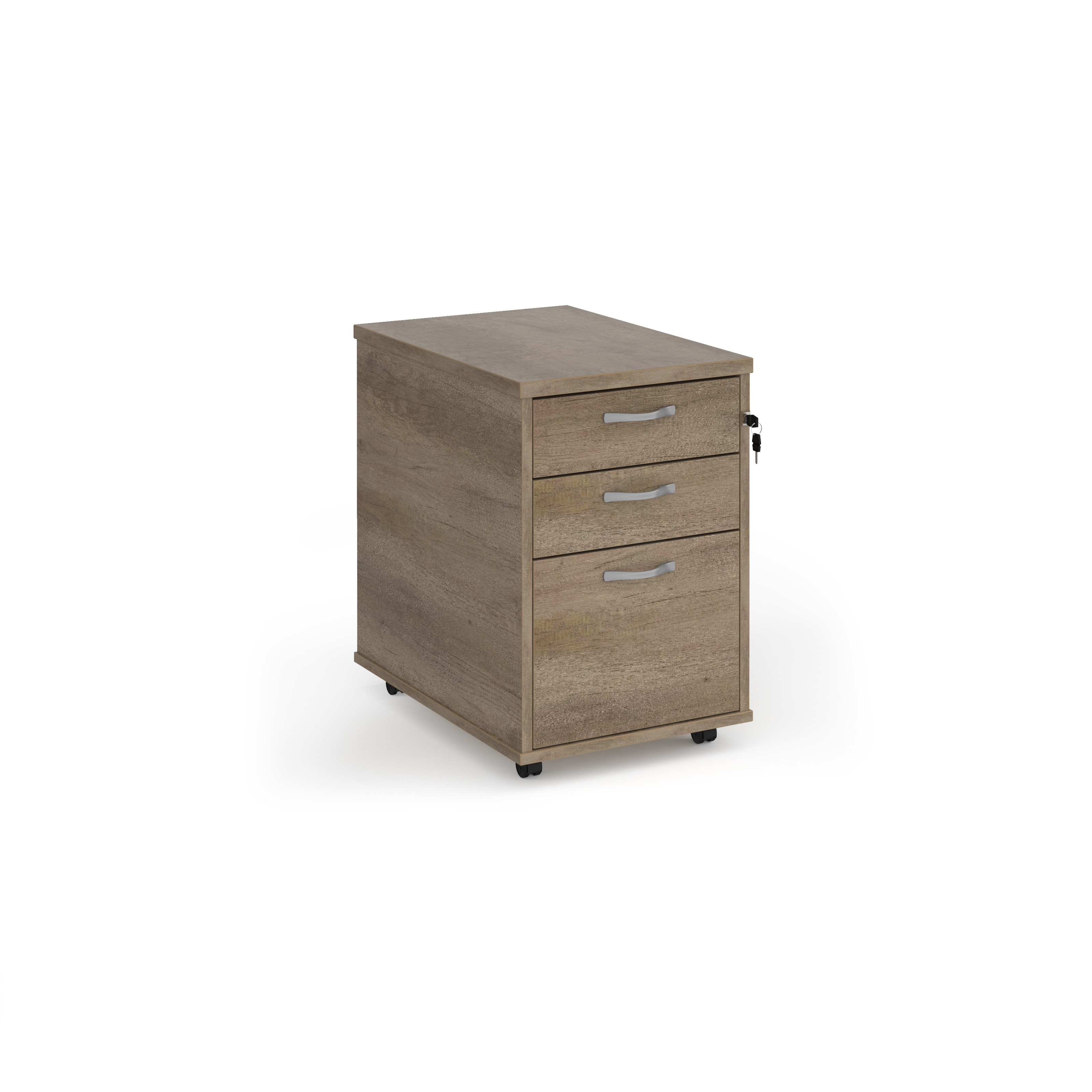 Picture of Tall mobile 3 drawer pedestal with silver handles 600mm deep - Nebraska Oak