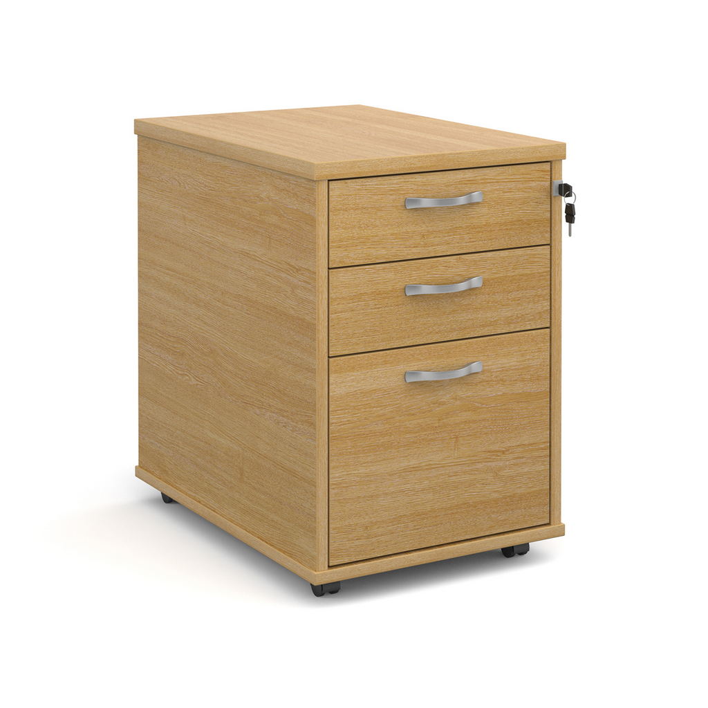 Picture of Tall mobile 3 drawer pedestal with silver handles 600mm deep - oak
