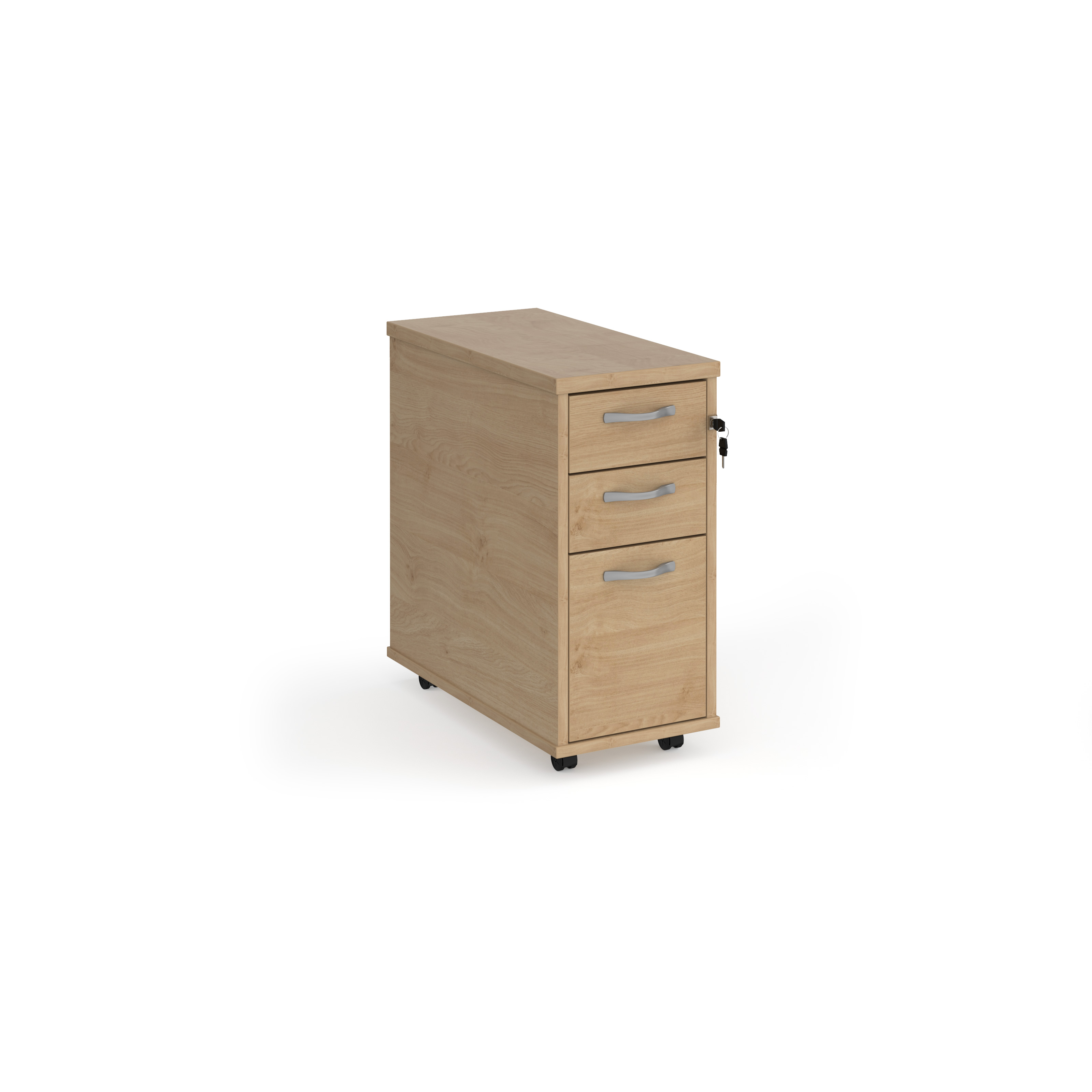 Picture of Tall slimline mobile 3 drawer pedestal with silver handles 600mm deep - Kendal Oak