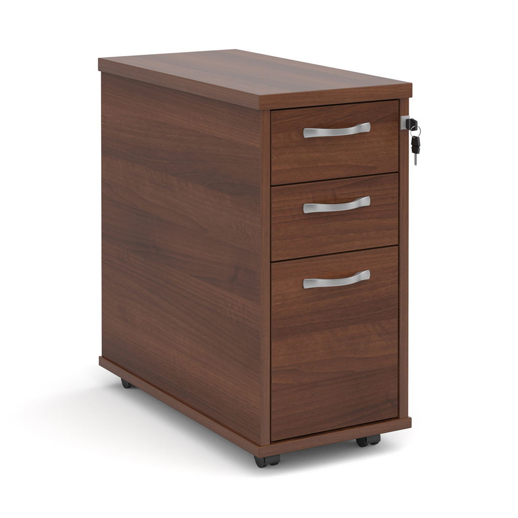 Picture of Tall slimline mobile 3 drawer pedestal with silver handles 600mm deep - walnut