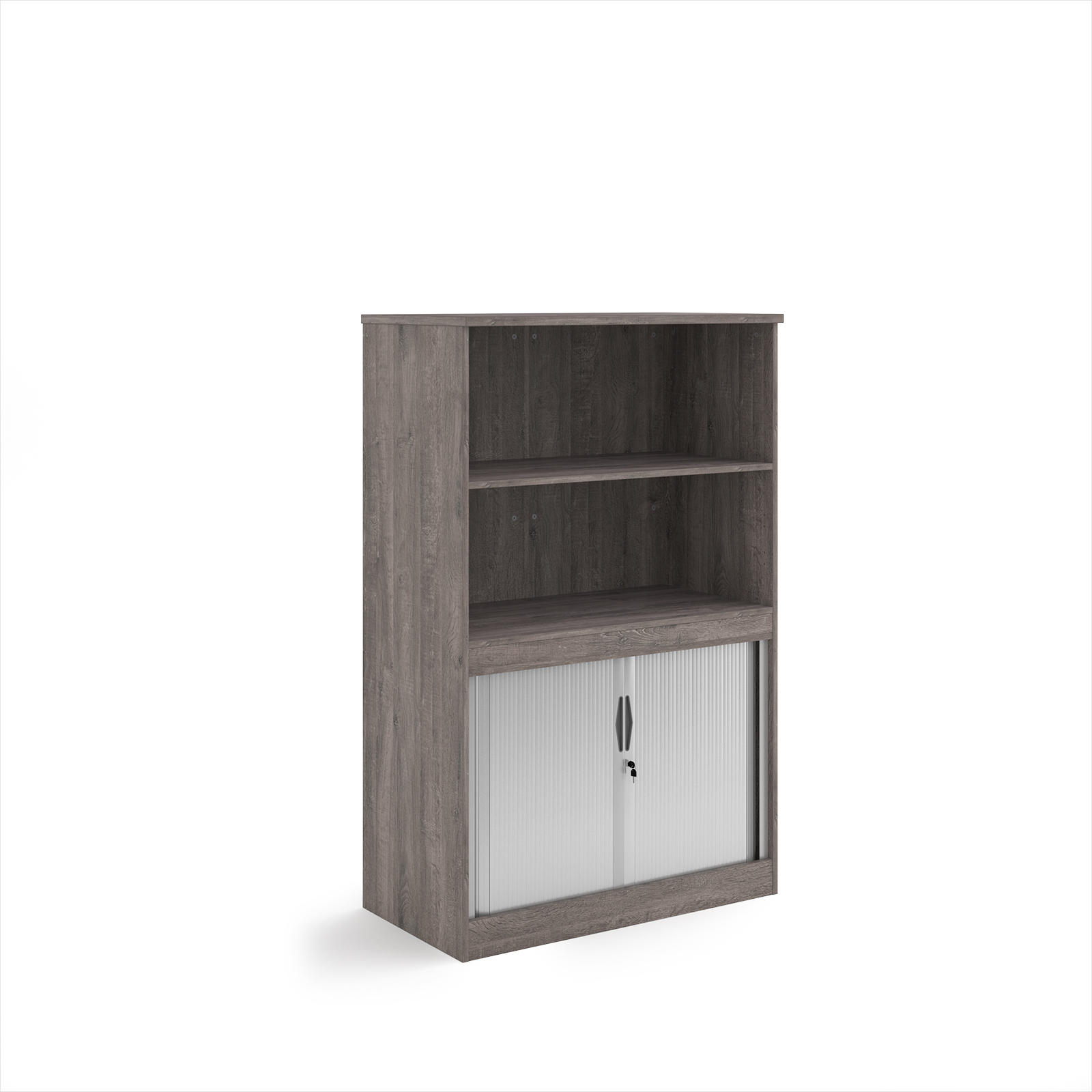 Picture of Systems combination unit with tambour doors and open top 1600mm high with 2 shelves - Grey Oak