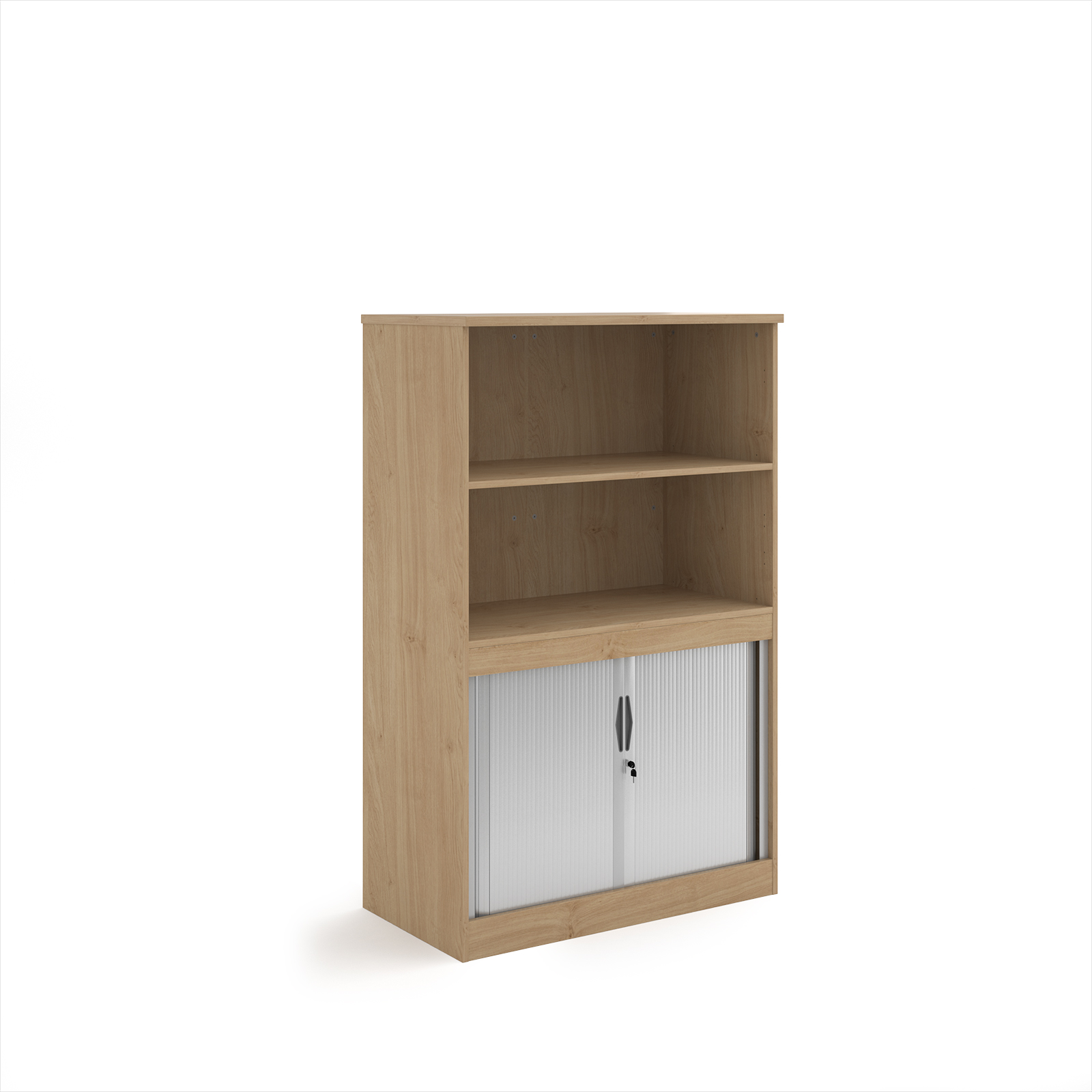 Picture of Systems combination unit with tambour doors and open top 1600mm high with 2 shelves - Kendal Oak