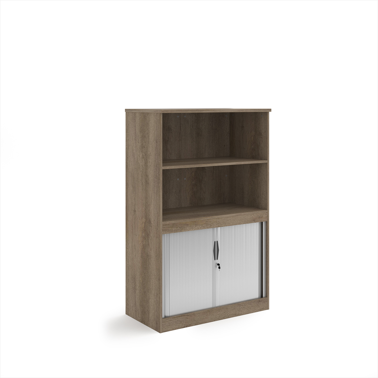 Picture of Systems combination unit with tambour doors and open top 1600mm high with 2 shelves - Nebraska Oak