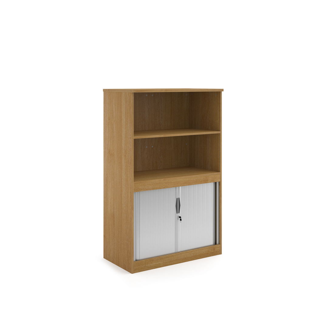 Picture of Systems combination unit with tambour doors and open top 1600mm high with 2 shelves - oak