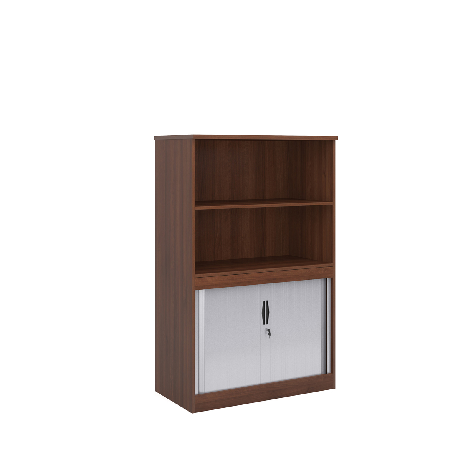 Picture of Systems combination unit with tambour doors and open top 1600mm high with 2 shelves - Walnut
