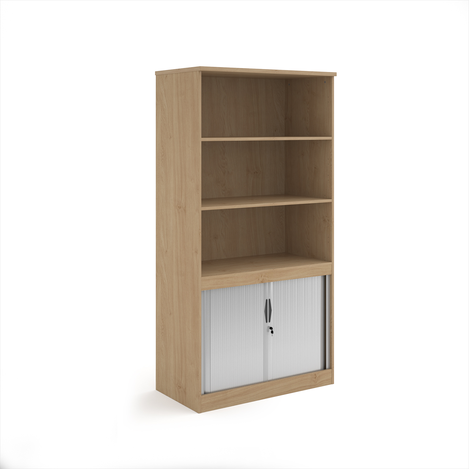Picture of Systems combination unit with tambour doors and open top 2000mm high with 2 shelves - Kendal Oak