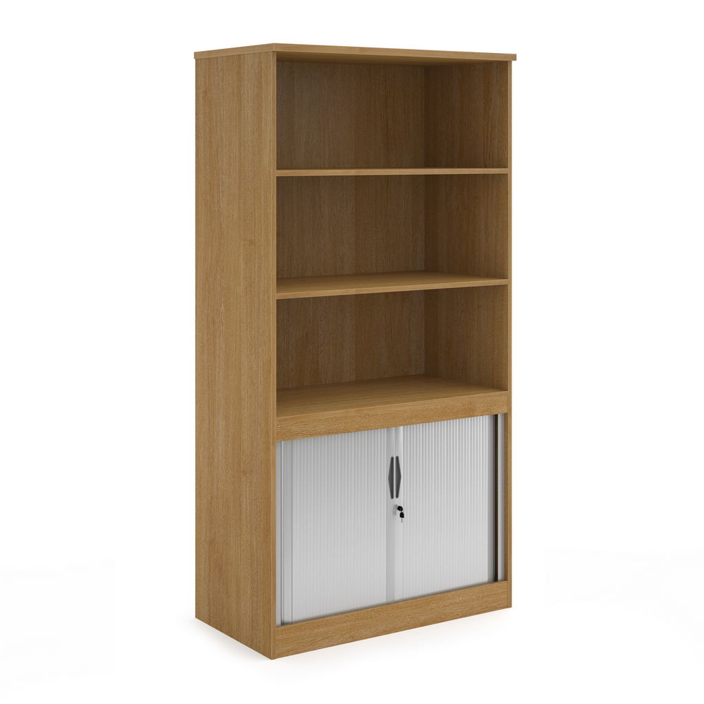Picture of Systems combination unit with tambour doors and open top 2000mm high with 2 shelves - oak