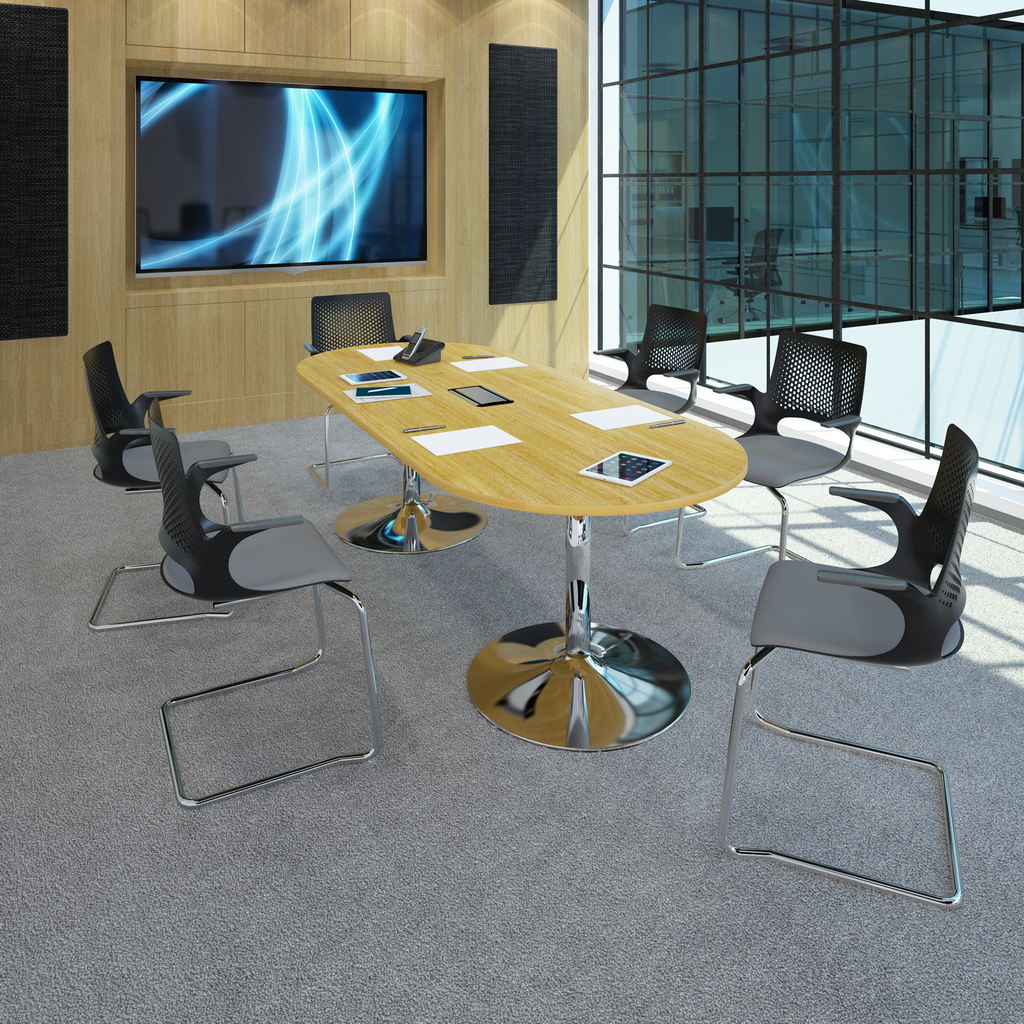 Picture of Trumpet base radial end boardroom table 2400mm x 1000mm with central cutout 272mm x 132mm - silver base, white top