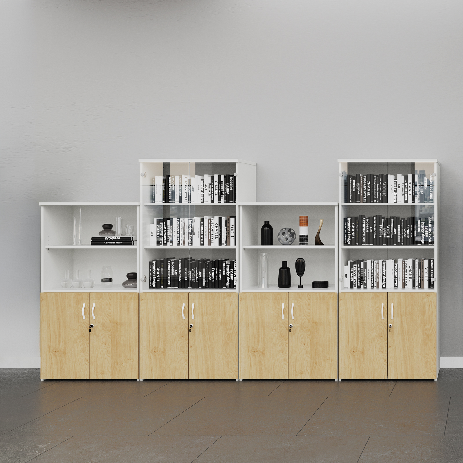 Picture of Universal combination unit with open top 1440mm high with 3 shelves - Nebraska Oak